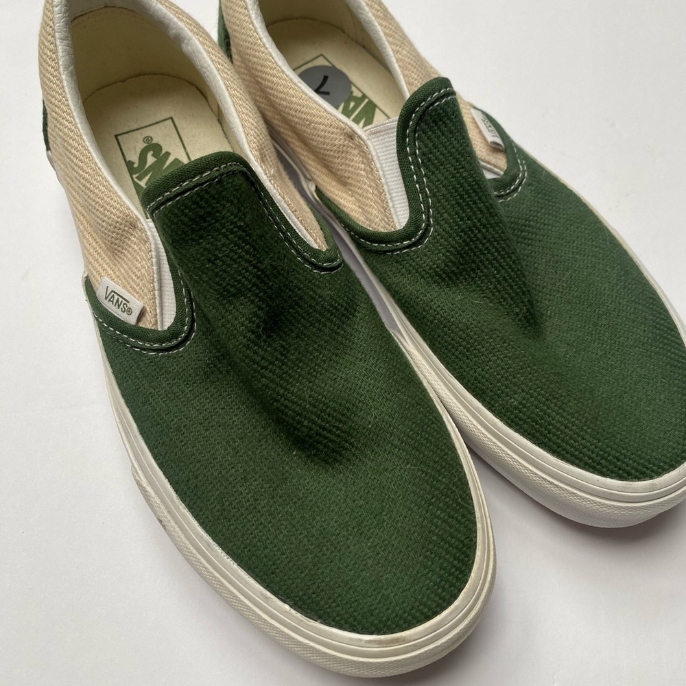 Vans women’s Slip-On Canvas Sneakers in Forest Green and Cream